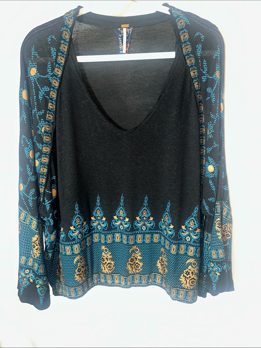 Free People Black V-Neck Tunic with Teal & Gold Border Print